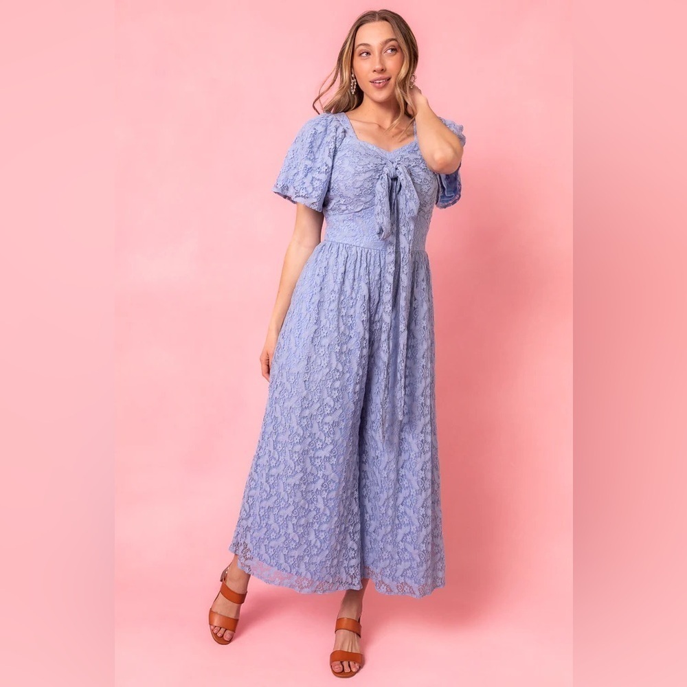 Ivy City Co. Light Blue Lace Lindsey Jumpsuit Size Small Wide Leg NEW Victorian